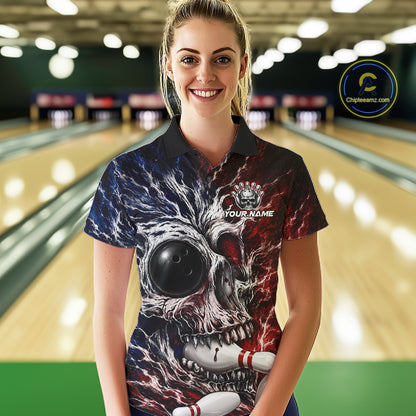 Red And Blue Grunge Skull Women Bowling Polo Quarter-Zip Shirt Custom Youth Bowling Team Outfits NYN3285