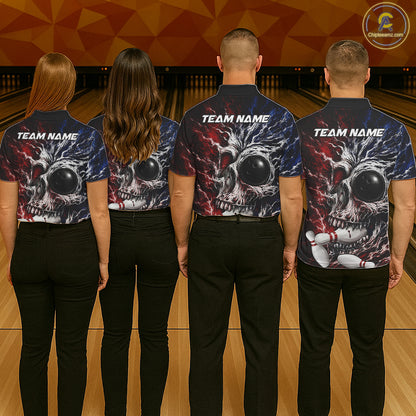 Red And Blue Grunge Skull Mens Bowling Polo Quarter-Zip Shirt Custom Youth Bowling Team Outfits NYN3285