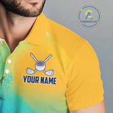 Load image into Gallery viewer, Male golfer wearing summer palm trees golf polo shirt, patriotic golf apparel, tropical golf outfit