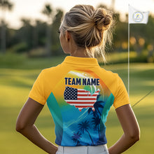 Load image into Gallery viewer, Female golfer wearing summer palm trees golf polo shirt, patriotic golf apparel, tropical golf outfit