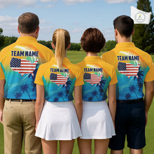 Load image into Gallery viewer, Men women golf team wearing matching palm trees ocean golf polo shirts, summer golf uniforms, golf outing apparel