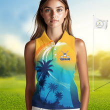 Load image into Gallery viewer, Female golfer wearing summer palm trees golf polo shirt, patriotic golf apparel, tropical golf outfit