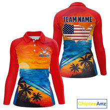 Load image into Gallery viewer, Palm trees and ocean women's golf polo shirt, patriotic golf apparel, beach golf shirt, custom golf team clothing