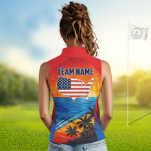 Load image into Gallery viewer, Female golfer wearing palm trees and ocean golf polo shirt, summer golf apparel, beach golf outfit