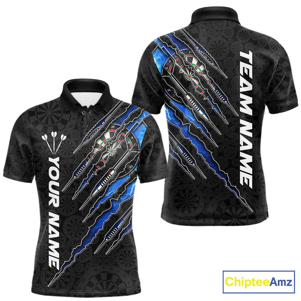 Custom Thunder Lightning Blue Men's Darts Polo Shirt, Personalized Team Jersey, Electric Storm Performance Apparel, League Tournament Uniform, Lightning Graphic, Speed, Precision & Competitive Energy