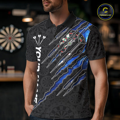 Male model wearing custom thunder lightning blue darts polo shirt, personalized league tournament apparel, electric performance jersey, championship mindset and athletic confidence