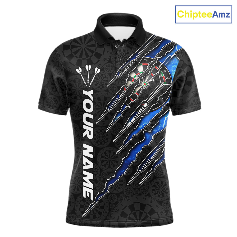 Custom Thunder Lightning Blue Men's Darts Polo Shirt, Personalized Team Jersey, Electric Storm Performance Apparel, League Tournament Uniform, Lightning Graphic, Speed, Precision & Competitive Energy