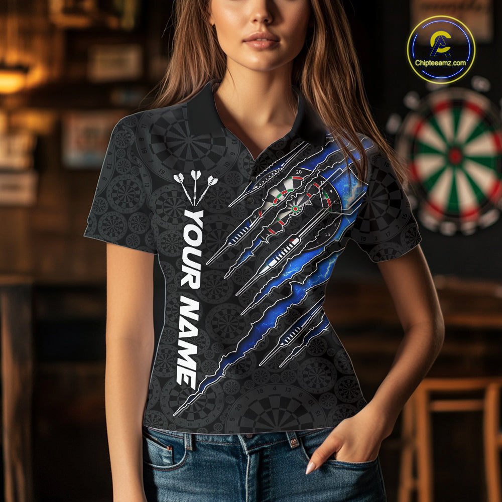 Female model wearing custom thunder lightning blue personalized darts polo shirt during tournament, athletic performance apparel, electric storm design, confidence and competitive focus
