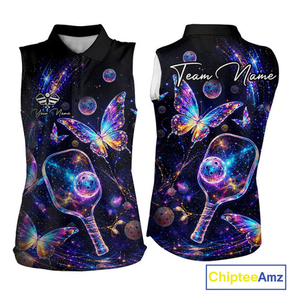 Butterfly Rainbow Holographic Women's Pickleball Sleeveless Polo, Personalized Rainbow Butterfly Polo, Colorful Paddle League Apparel, Positive Energy & Freedom