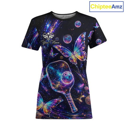 Butterfly Rainbow Holographic Women's Pickleball T-Shirt, Personalized Colorful Pickleball Shirt, Rainbow Butterfly Sports Apparel, League Tournament Tee