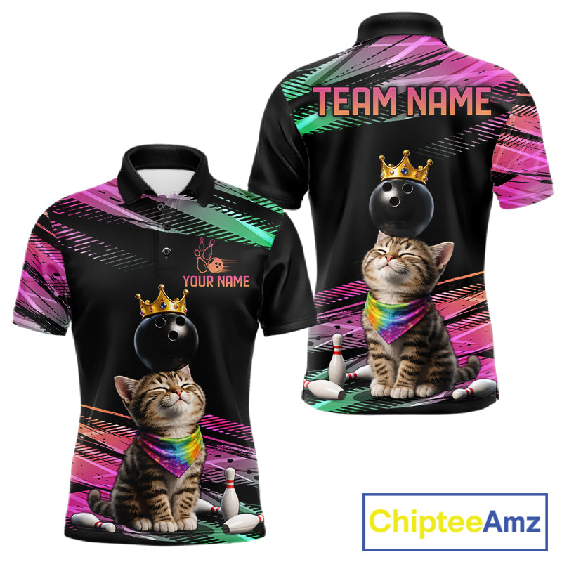 Custom Funny Cat Crown Bowling Ball Shirt For Men Pink & Green Neon Bowling Polo & 1/4-Zip Jersey NYN4174