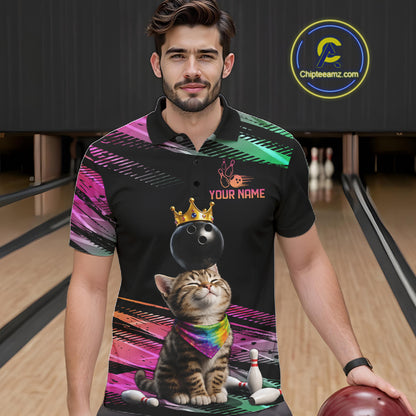 Custom Funny Cat Crown Bowling Ball Shirt For Men Pink & Green Neon Bowling Polo & 1/4-Zip Jersey NYN4174