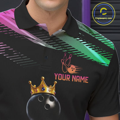 Custom Funny Cat Crown Bowling Ball Shirt For Men Pink & Green Neon Bowling Polo & 1/4-Zip Jersey NYN4174
