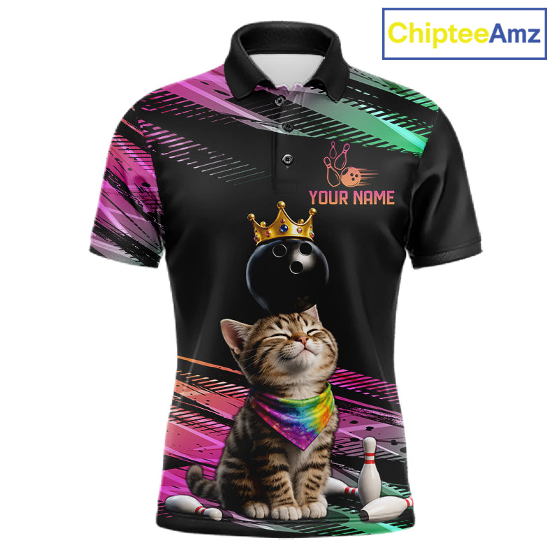 Custom Funny Cat Crown Bowling Ball Shirt For Men Pink & Green Neon Bowling Polo & 1/4-Zip Jersey NYN4174