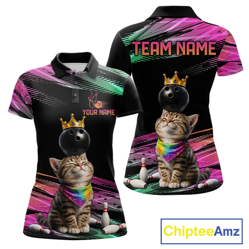 Custom Funny Cat Crown Bowling Ball Shirt For Women Pink & Green Neon Bowling Polo & 1/4-Zip Jersey NYN4174