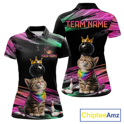 Custom Funny Cat Crown Bowling Ball Shirt For Women Pink & Green Neon Bowling Polo & 1/4-Zip Jersey NYN4174