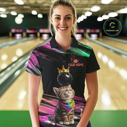 Custom Funny Cat Crown Bowling Ball Shirt For Women Pink & Green Neon Bowling Polo & 1/4-Zip Jersey NYN4174