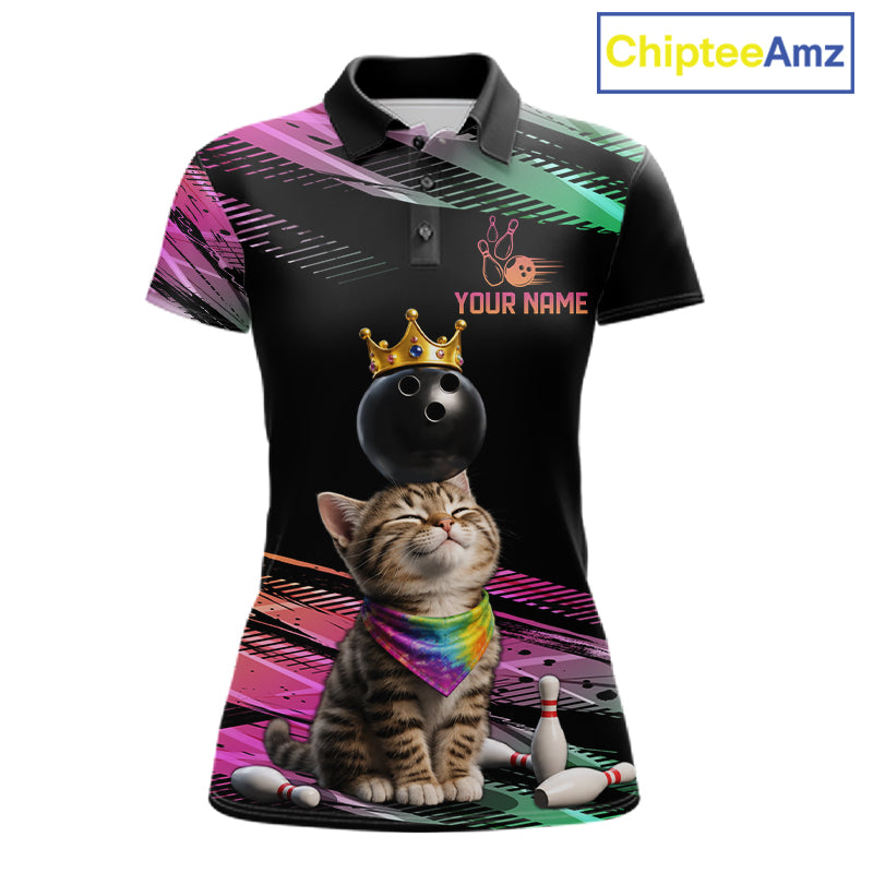 Custom Funny Cat Crown Bowling Ball Shirt For Women Pink & Green Neon Bowling Polo & 1/4-Zip Jersey NYN4174