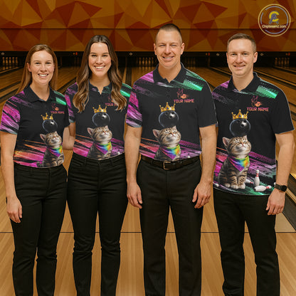 Custom Funny Cat Crown Bowling Ball Shirt For Men Pink & Green Neon Bowling Polo & 1/4-Zip Jersey NYN4174