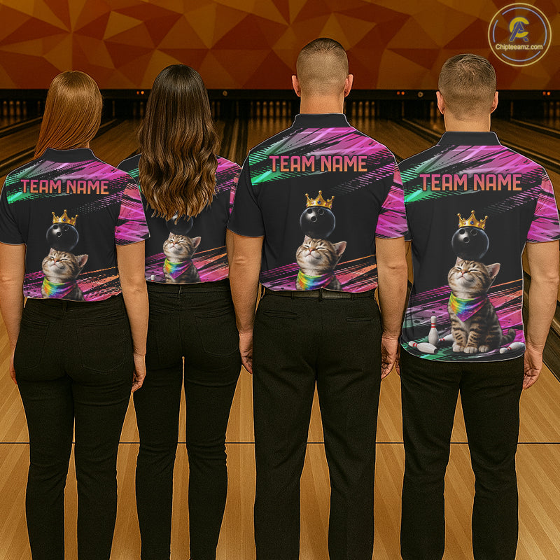 Custom Funny Cat Crown Bowling Ball Shirt For Men Pink & Green Neon Bowling Polo & 1/4-Zip Jersey NYN4174