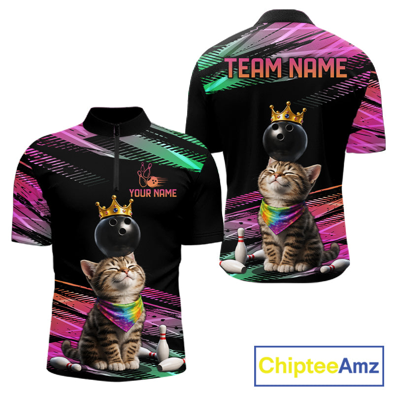 Custom Funny Cat Crown Bowling Ball Shirt For Men Pink & Green Neon Bowling Polo & 1/4-Zip Jersey NYN4174
