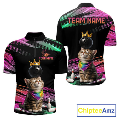Custom Funny Cat Crown Bowling Ball Shirt For Men Pink & Green Neon Bowling Polo & 1/4-Zip Jersey NYN4174