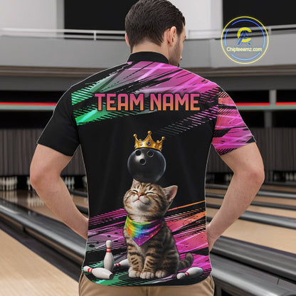 Custom Funny Cat Crown Bowling Ball Shirt For Men Pink & Green Neon Bowling Polo & 1/4-Zip Jersey NYN4174