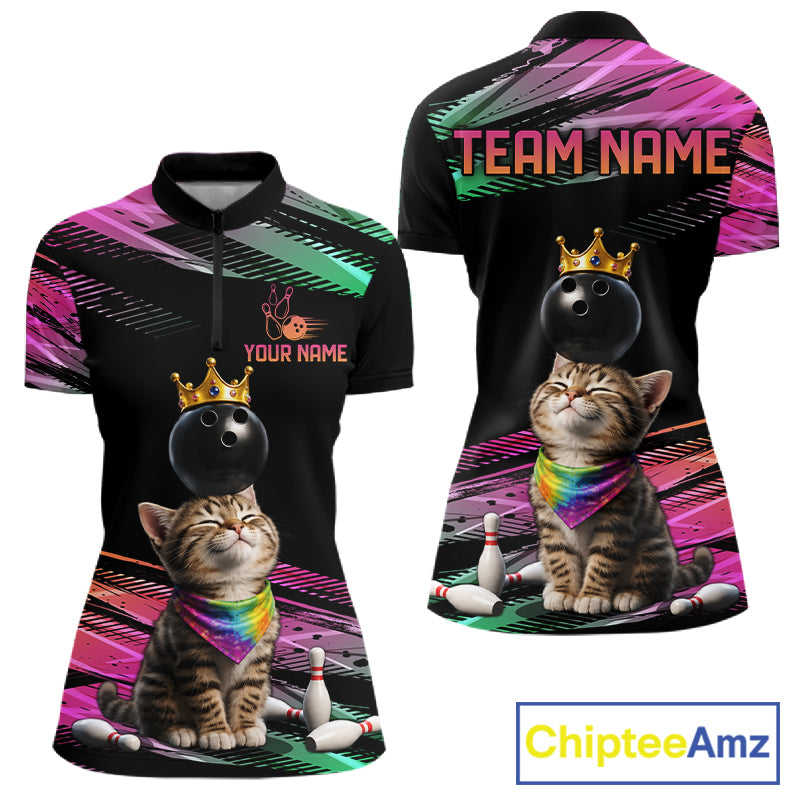 Custom Funny Cat Crown Bowling Ball Shirt For Women Pink & Green Neon Bowling Polo & 1/4-Zip Jersey NYN4174