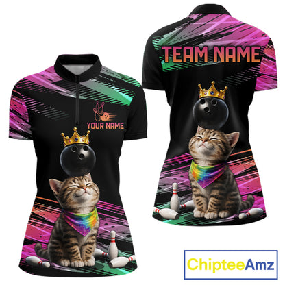Custom Funny Cat Crown Bowling Ball Shirt For Women Pink & Green Neon Bowling Polo & 1/4-Zip Jersey NYN4174