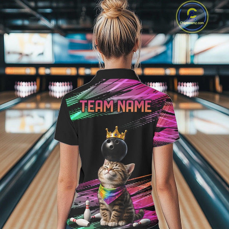 Custom Funny Cat Crown Bowling Ball Shirt For Women Pink & Green Neon Bowling Polo & 1/4-Zip Jersey NYN4174