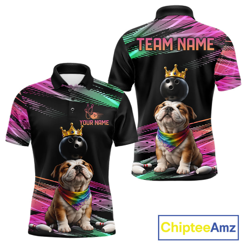 Custom Funny Bulldog Crown Bowling Ball Shirt For Men Pink & Green Neon Bowling Polo & 1/4-Zip Jersey NYN4175