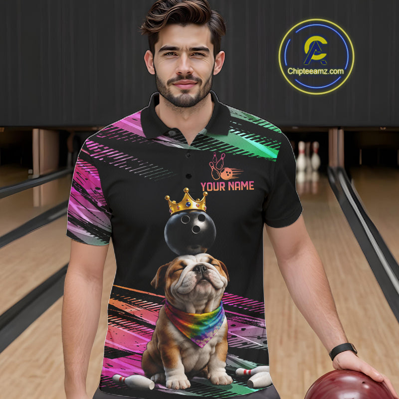 Custom Funny Bulldog Crown Bowling Ball Shirt For Men Pink & Green Neon Bowling Polo & 1/4-Zip Jersey NYN4175
