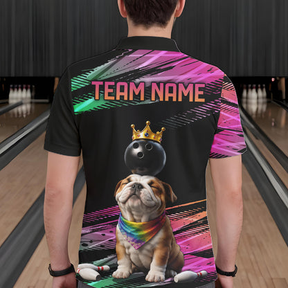 Custom Funny Bulldog Crown Bowling Ball Shirt For Men Pink & Green Neon Bowling Polo & 1/4-Zip Jersey NYN4175