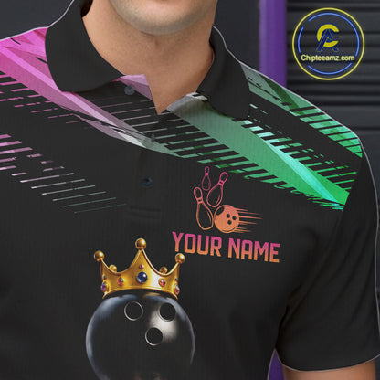 Custom Funny Bulldog Crown Bowling Ball Shirt For Men Pink & Green Neon Bowling Polo & 1/4-Zip Jersey NYN4175