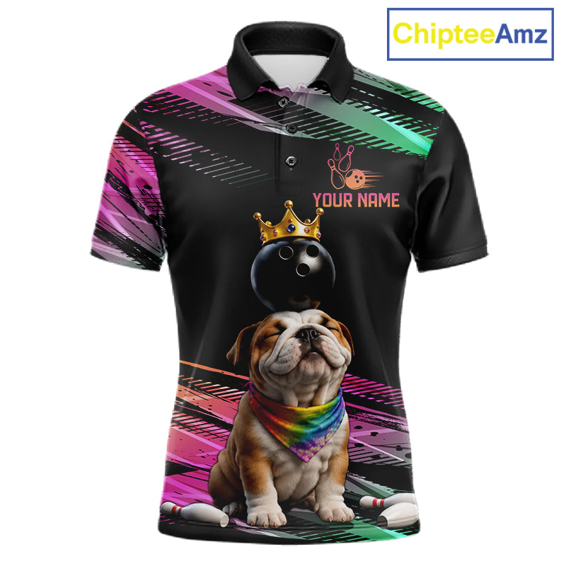 Custom Funny Bulldog Crown Bowling Ball Shirt For Men Pink & Green Neon Bowling Polo & 1/4-Zip Jersey NYN4175
