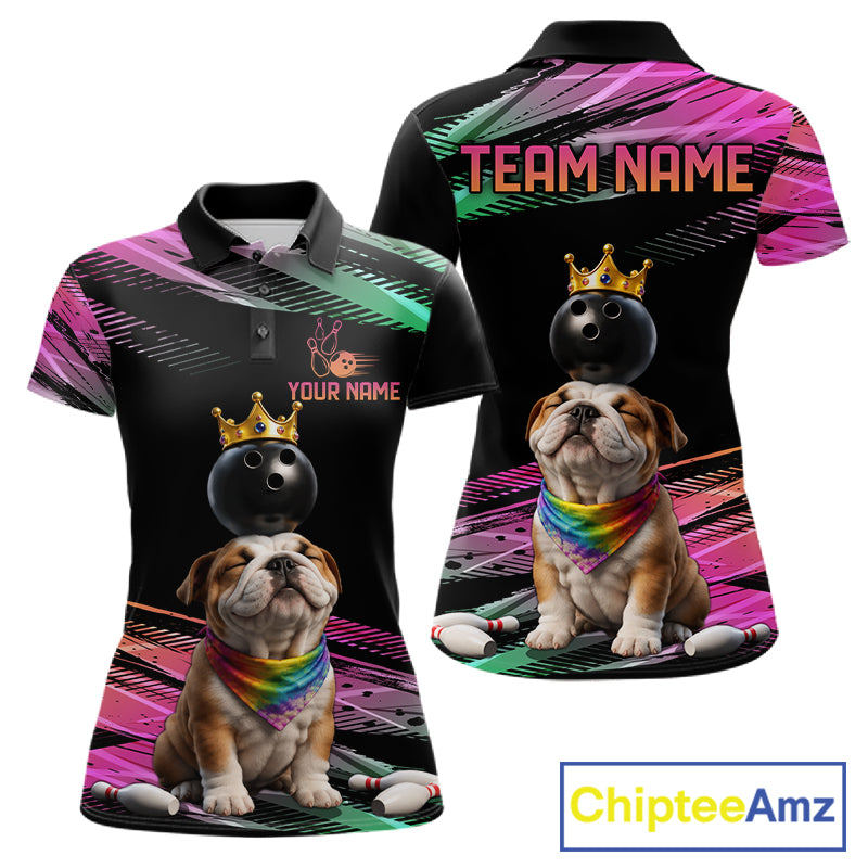 Custom Funny Bulldog Crown Bowling Ball Shirt For Women Pink & Green Neon Bowling Polo & 1/4-Zip Jersey NYN4175