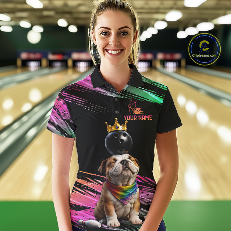 Custom Funny Bulldog Crown Bowling Ball Shirt For Women Pink & Green Neon Bowling Polo & 1/4-Zip Jersey NYN4175