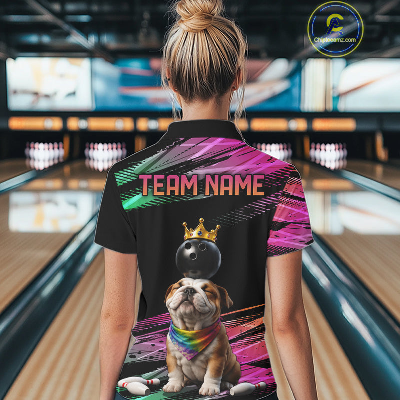 Custom Funny Bulldog Crown Bowling Ball Shirt For Women Pink & Green Neon Bowling Polo & 1/4-Zip Jersey NYN4175
