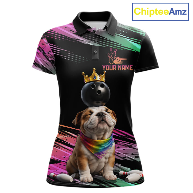 Custom Funny Bulldog Crown Bowling Ball Shirt For Women Pink & Green Neon Bowling Polo & 1/4-Zip Jersey NYN4175