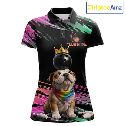 Custom Funny Bulldog Crown Bowling Ball Shirt For Women Pink & Green Neon Bowling Polo & 1/4-Zip Jersey NYN4175