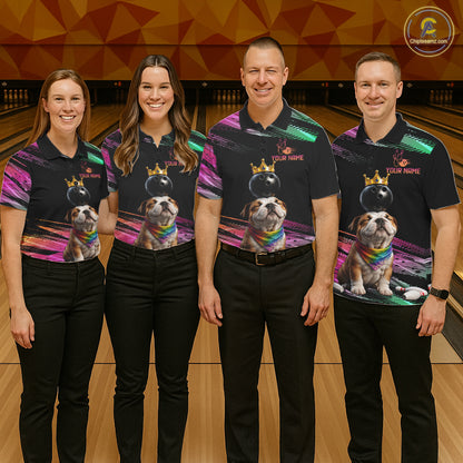 Custom Funny Bulldog Crown Bowling Ball Shirt For Men Pink & Green Neon Bowling Polo & 1/4-Zip Jersey NYN4175