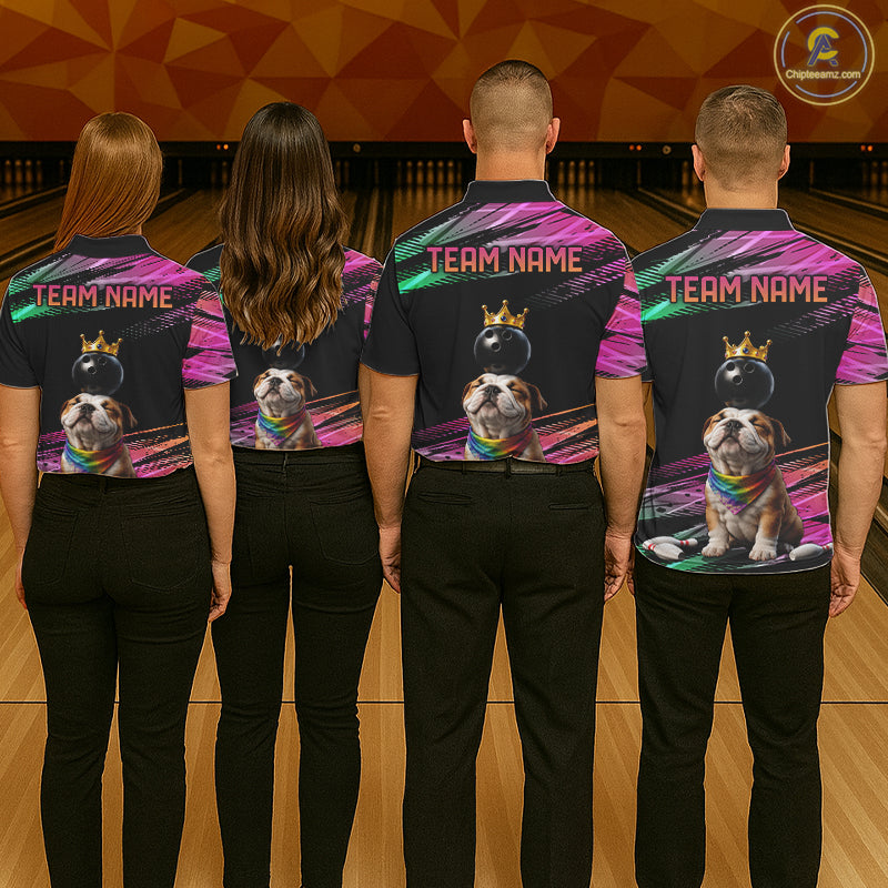 Custom Funny Bulldog Crown Bowling Ball Shirt For Men Pink & Green Neon Bowling Polo & 1/4-Zip Jersey NYN4175