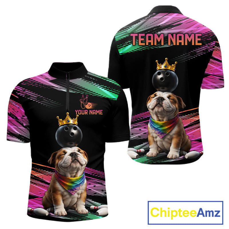 Custom Funny Bulldog Crown Bowling Ball Shirt For Men Pink & Green Neon Bowling Polo & 1/4-Zip Jersey NYN4175