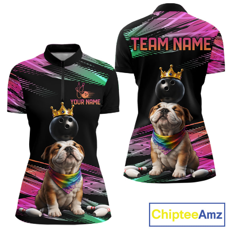 Custom Funny Bulldog Crown Bowling Ball Shirt For Women Pink & Green Neon Bowling Polo & 1/4-Zip Jersey NYN4175