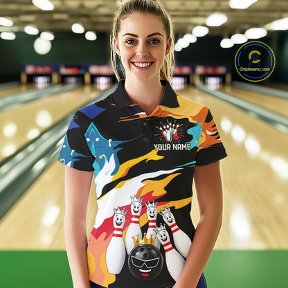 Colorful Crown Bowling Jerseys Bowling Polo 1/4 Zip Shirt For Women Custom Bowling Team Shirts NYN4176