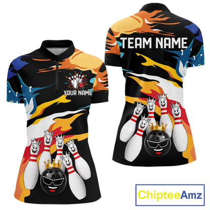 Colorful Crown Bowling Jerseys Bowling Polo 1/4 Zip Shirt For Women Custom Bowling Team Shirts NYN4176