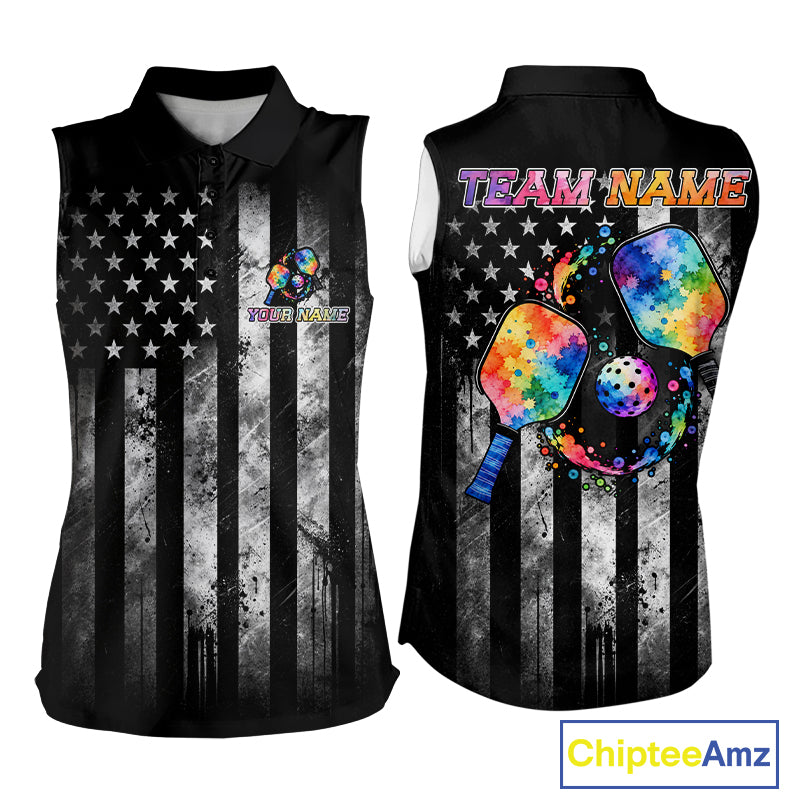 Patriotic Pickleball Sleeveless Polo Shirt Women Custom US Flag Team Jersey Colorful Watercolor Pickleball Jersey NYN4587