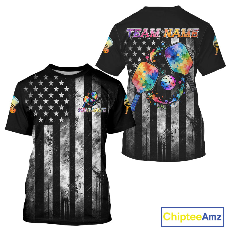Patriotic Pickleball Shirt Men Custom US Flag Team Jersey Colorful Watercolor Pickleball Paddle Jersey NYN4587