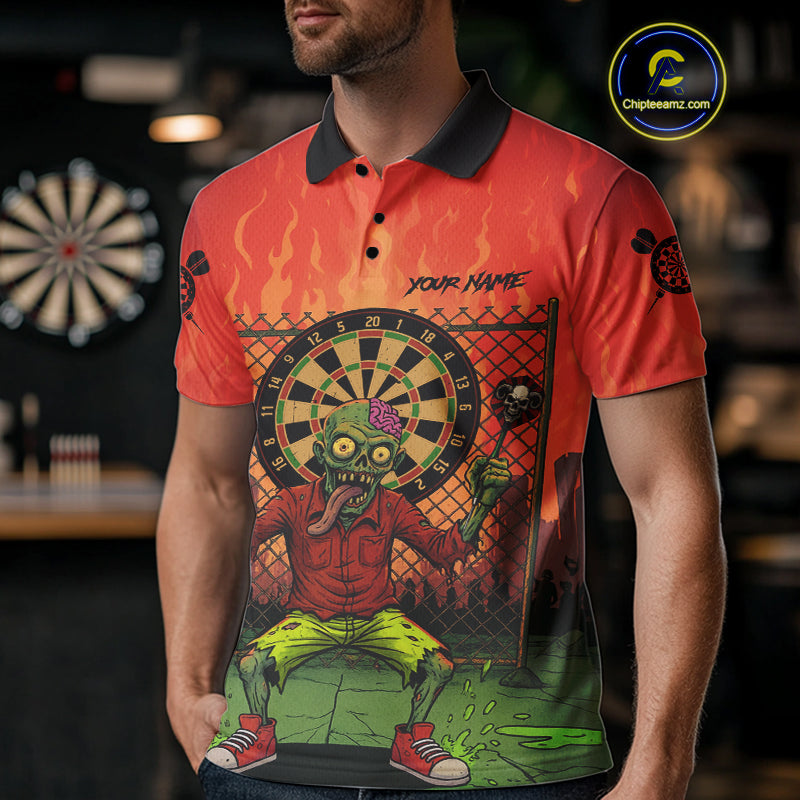 Custom Green & Orange Funny Zombie Dartboard Dart Men Polo Jerseys Funny Dart Shirts NYN1742