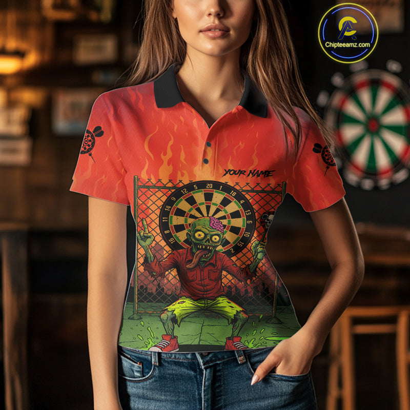 Custom Green & Orange Funny Zombie Dartboard Dart Women Polo Jerseys Funny Dart Shirts NYN1742